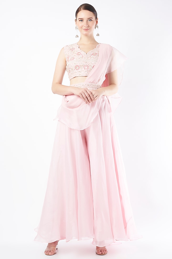 Baby Pink Organza Draped Pant Set by Stotram at Pernia's Pop Up Shop