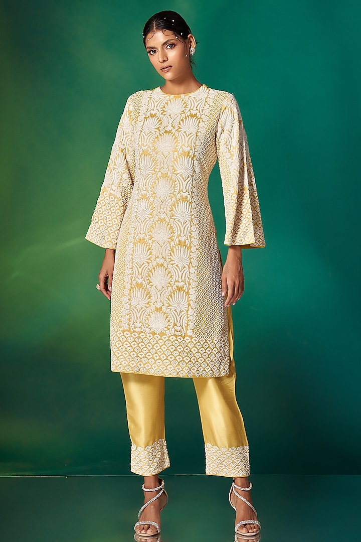 Lime Yellow Organza Embroidered Kurta Set by Stotram