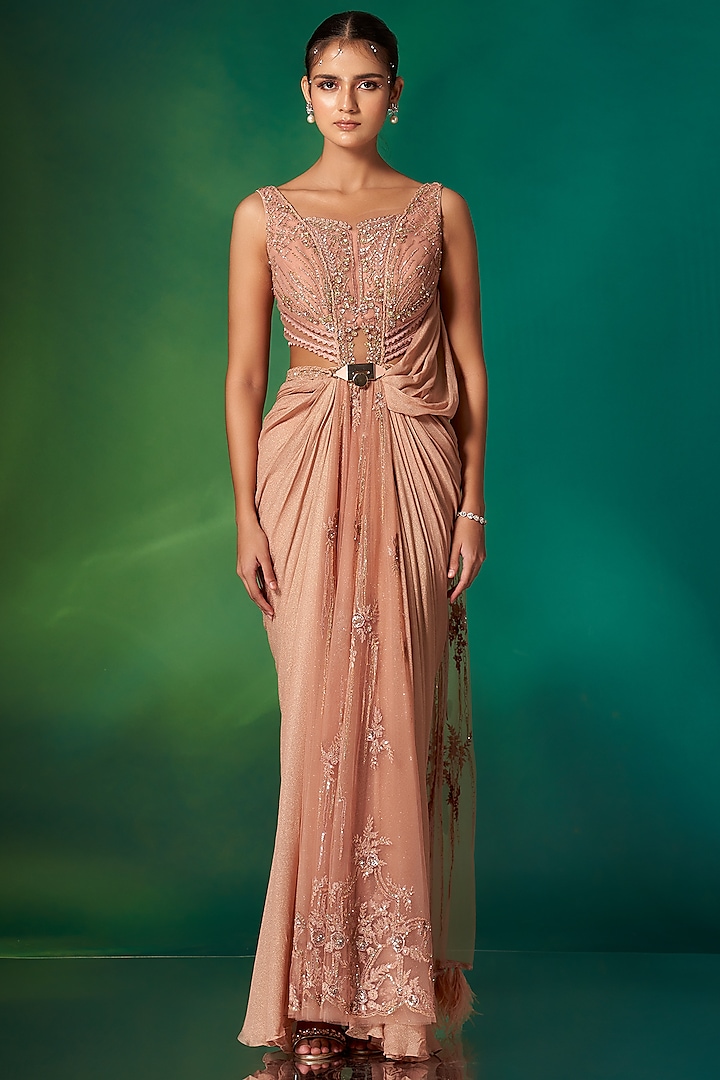 Peach Imported Metallic Fabric Embellished Gown by Stotram