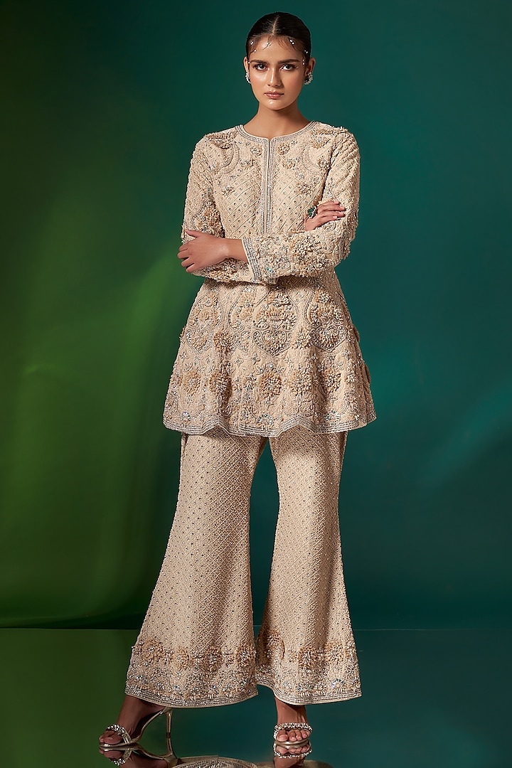 Beige Organza Embroidered Peplum Kurta Set by Stotram