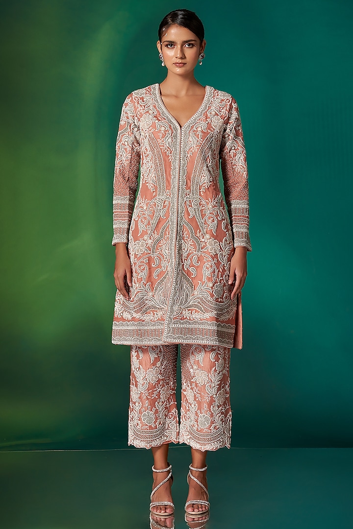 Coral Organza Hand Embroidered Kurta Set by Stotram