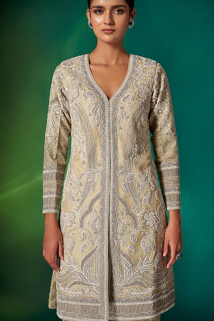 Light Green Organza Hand Embroidered Kurta Set by Stotram at Pernia's Pop Up Shop