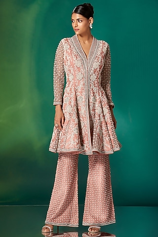 Coral Organza & Net Hand Embroidered Peplum Kurta Set by Stotram