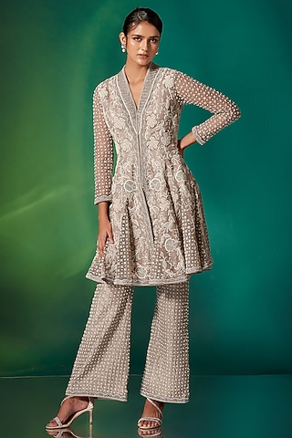 Grey Organza & Net Hand Embroidered Peplum Kurta Set by Stotram