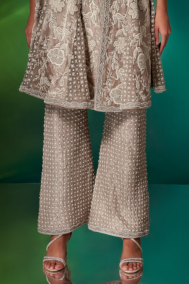 Grey Organza & Net Hand Embroidered Peplum Kurta Set by Stotram at Pernia's Pop Up Shop