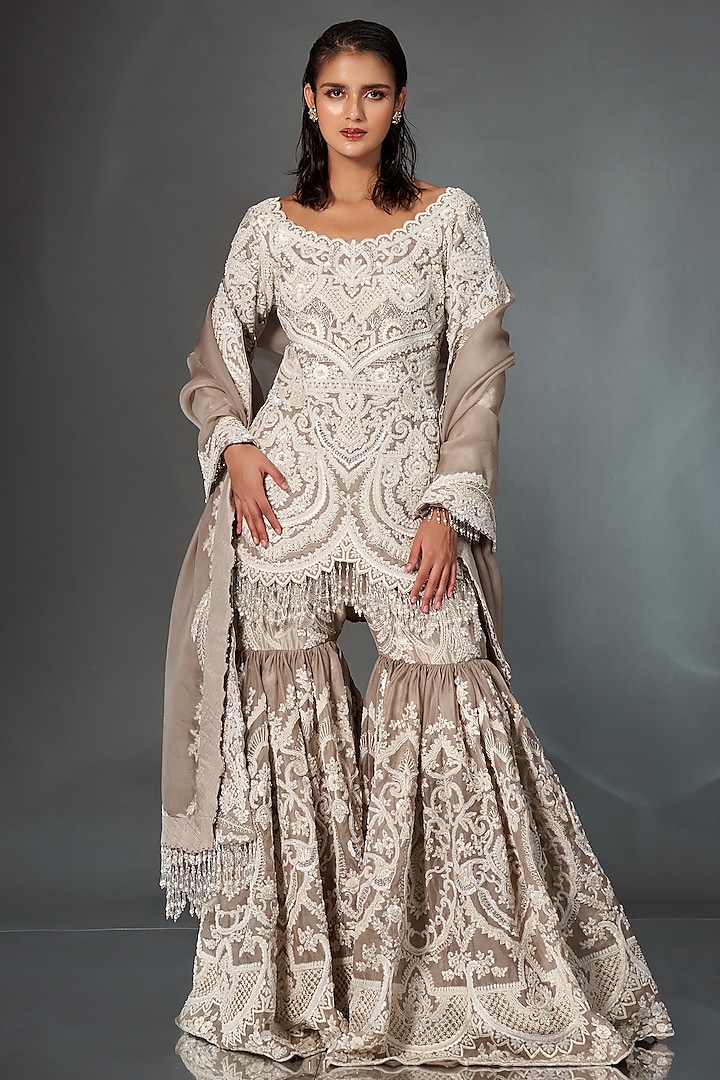 Grey Organza Hand Embellished Gharara Set by Stotram