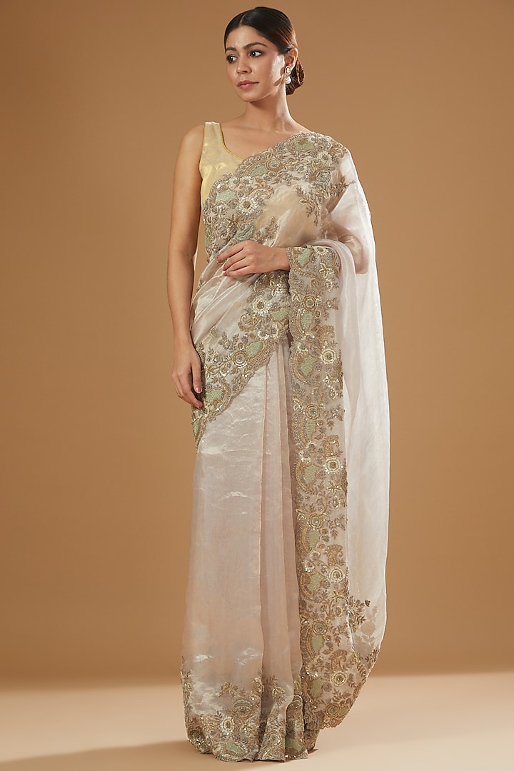 Ivory Organza Embroidered Saree Set by Stotram