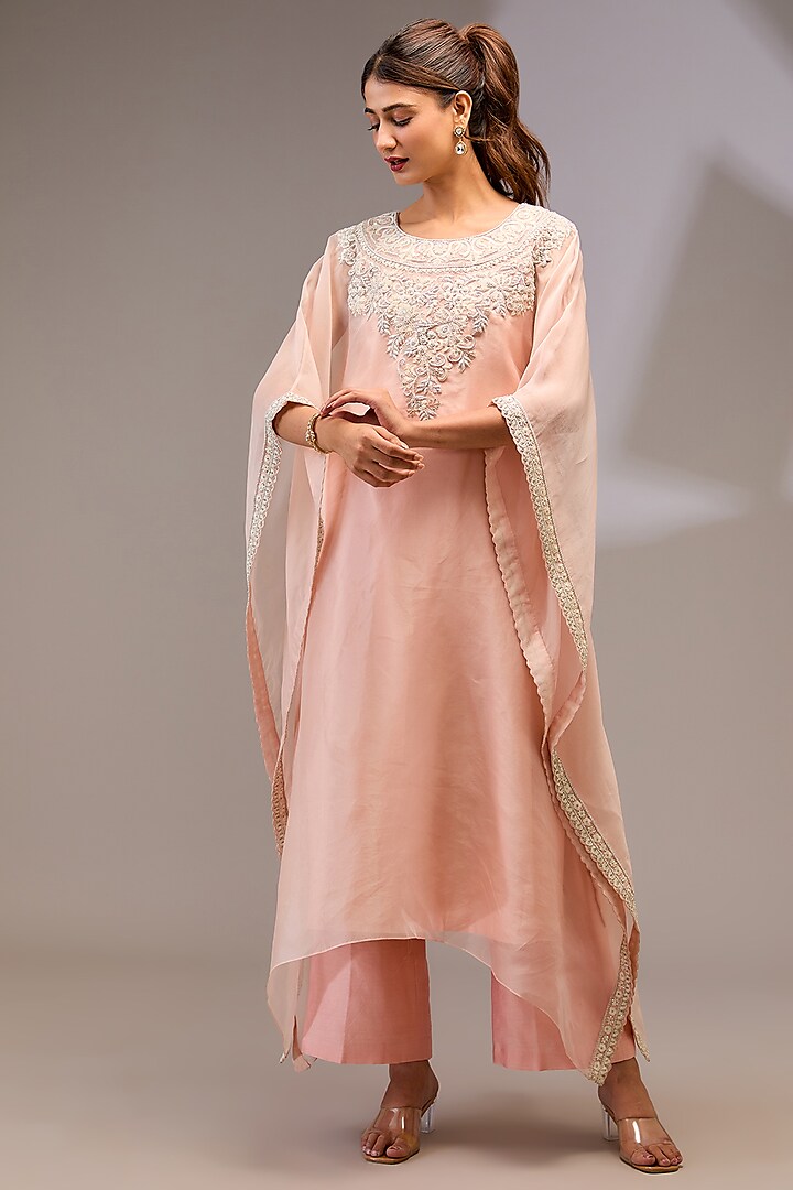 Peach Organza Hand Embellished Kaftan Set by Stotram at Pernia's Pop Up Shop