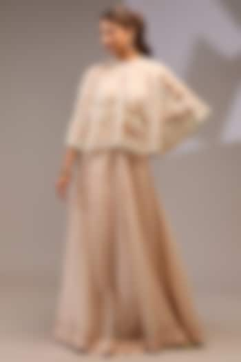 Champagne Beige Organza Hand Embellished Cape Set by Stotram at Pernia's Pop Up Shop