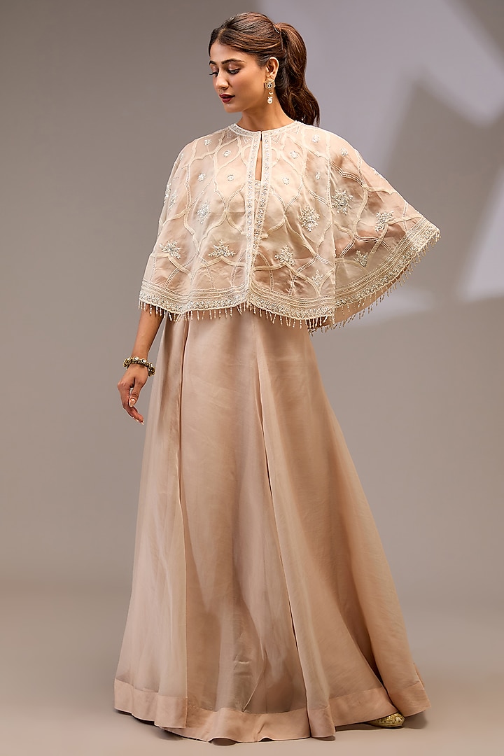 Champagne Beige Organza Hand Embellished Cape Set by Stotram at Pernia's Pop Up Shop