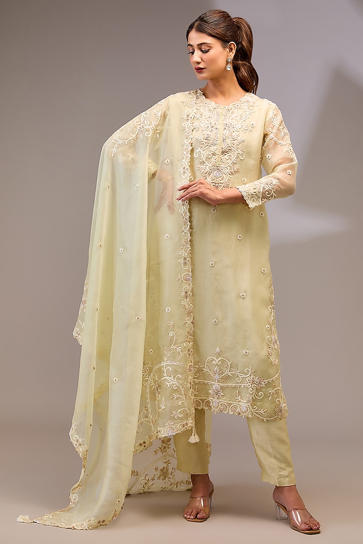 Light Yellow Organza Hand Embellished Kurta Set by Stotram at Pernia's Pop Up Shop