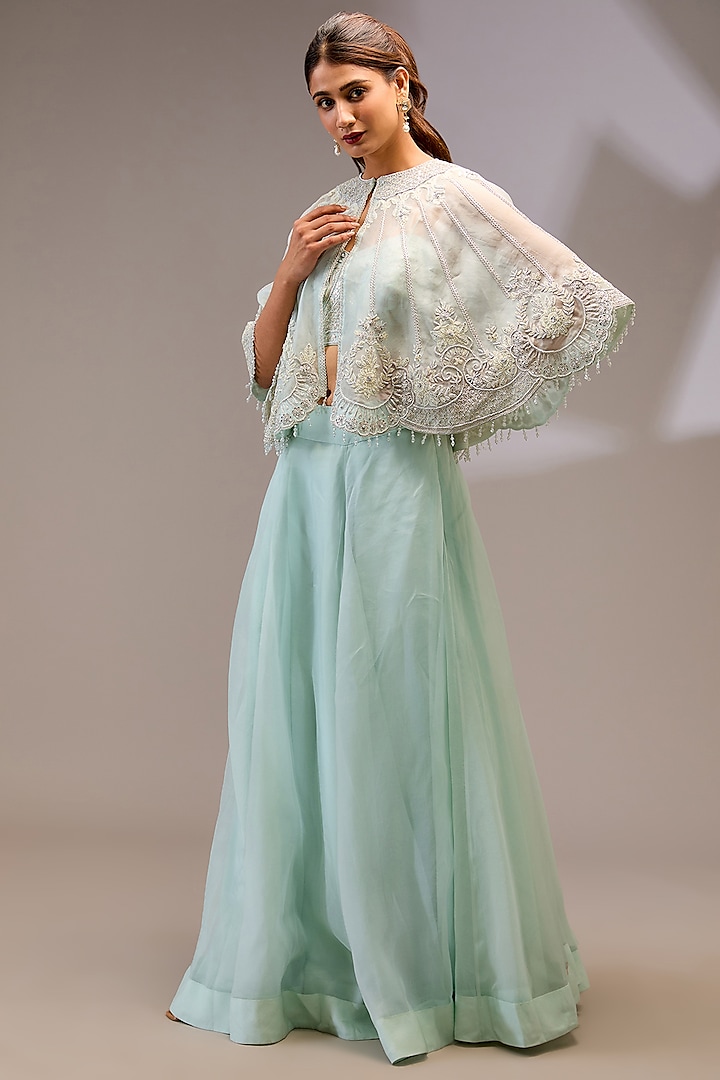 Ice Blue Organza Hand Embellished Cape Set by Stotram at Pernia's Pop Up Shop