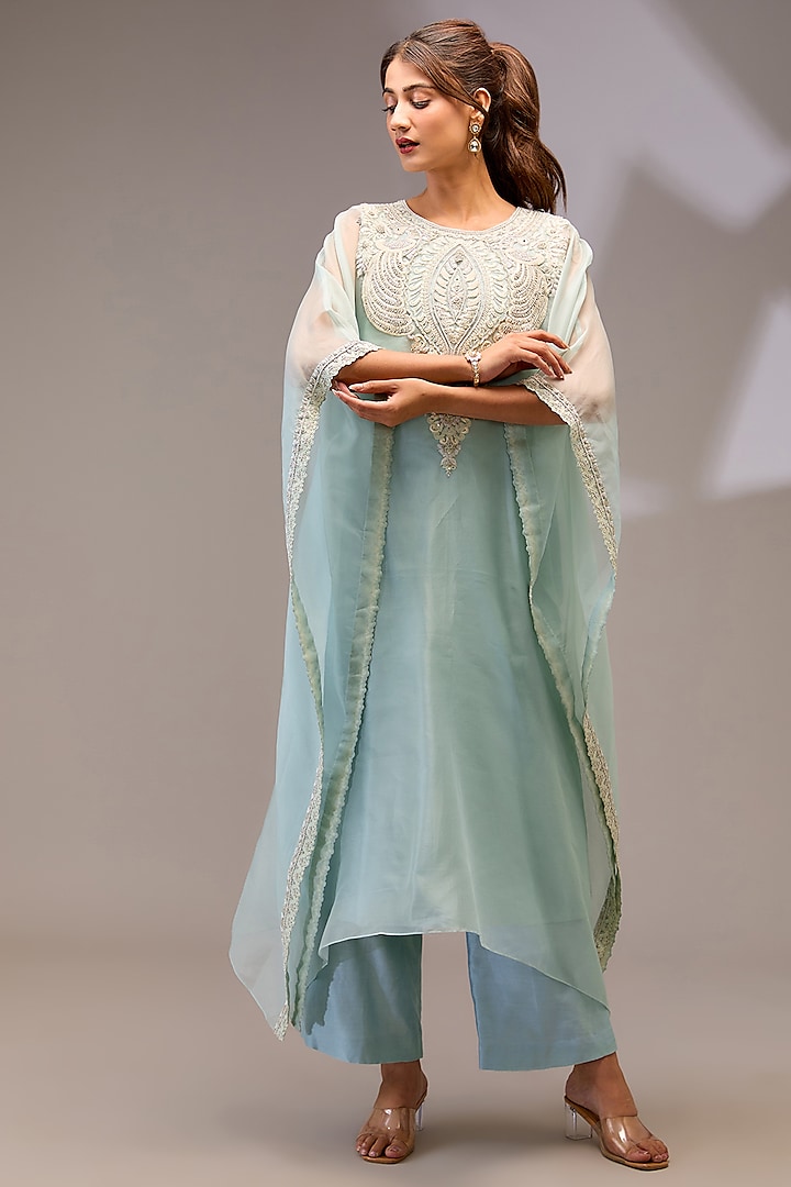 Ice Blue Organza Hand Embellished Kaftan Set by Stotram at Pernia's Pop Up Shop