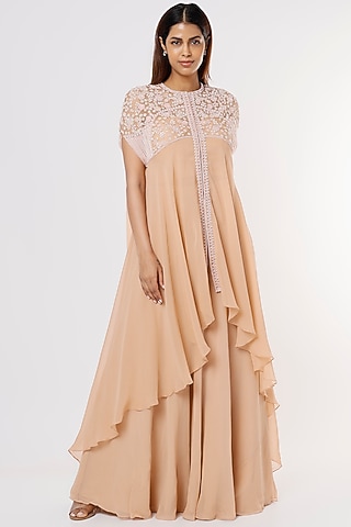Peach Organza Embellished Cape Set by Stotram