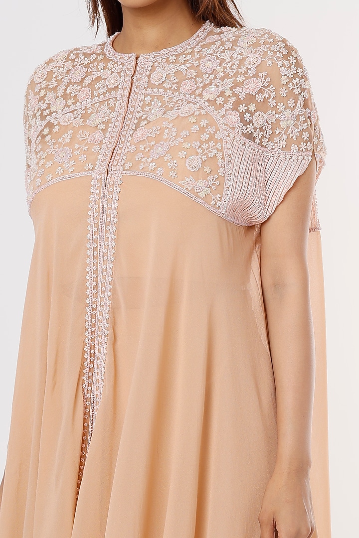 Peach Organza Embellished Cape Set by Stotram at Pernia's Pop Up Shop