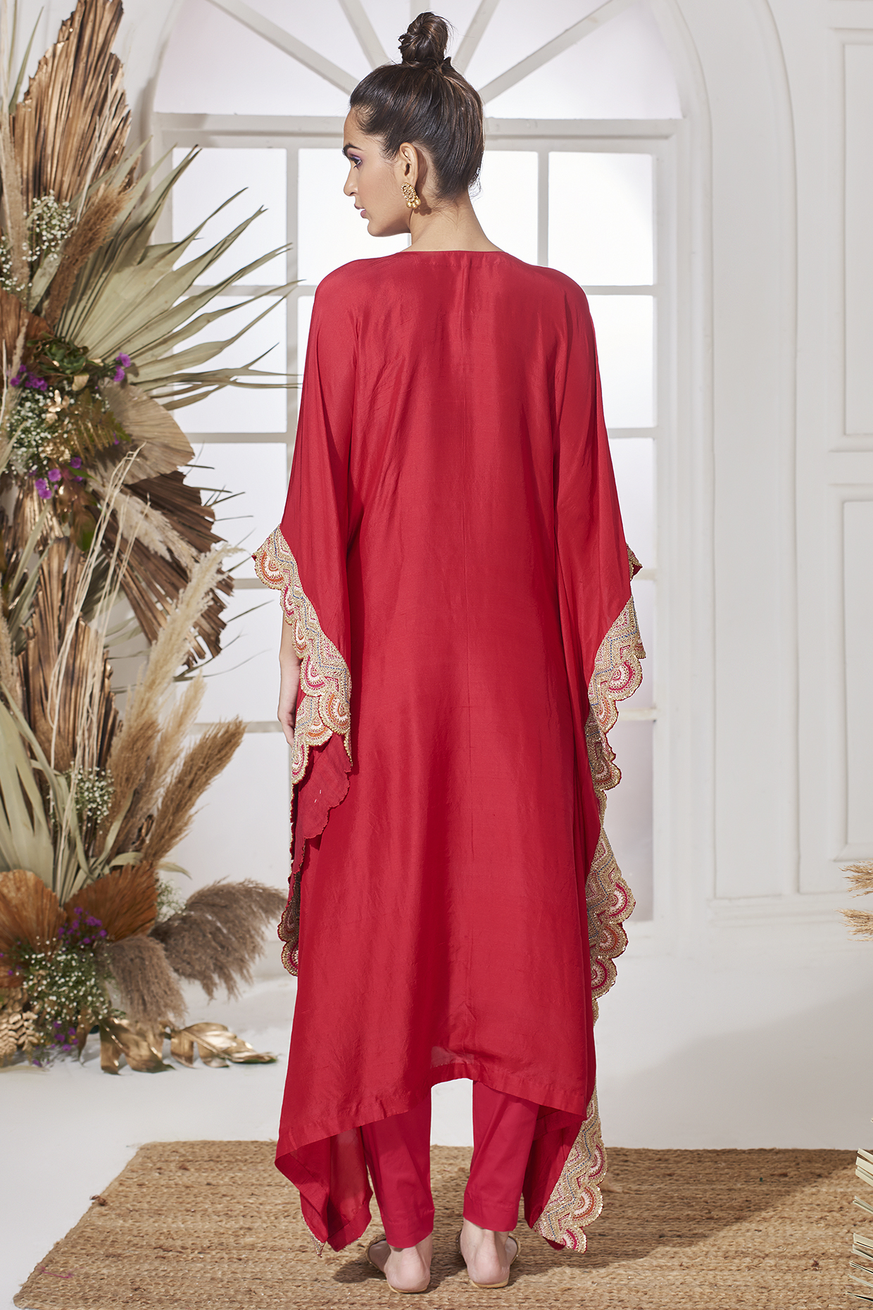 Red Hand Embroidered Kaftan Set by Stotram at Pernia's Pop Up Shop