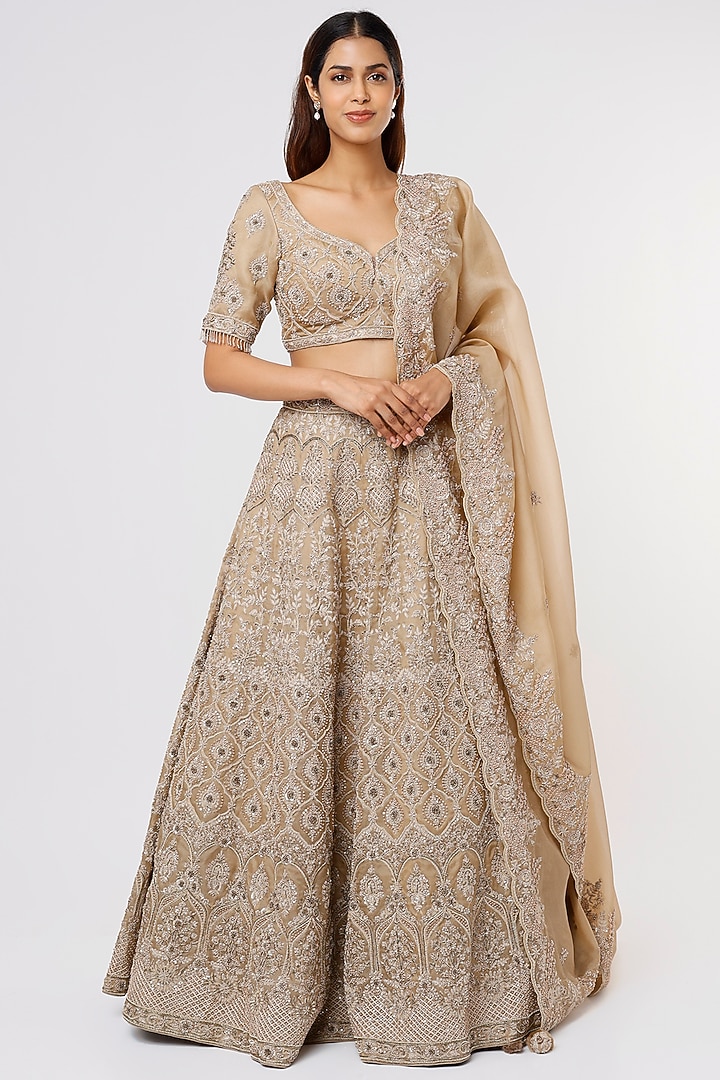 Beige Embroidered Bridal Lehenga Set by Stotram at Pernia's Pop Up Shop