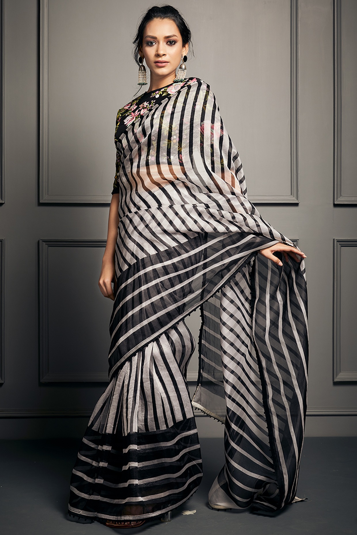 Designer Saree : Black and white stripe georgette party wear ...