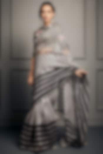 Black & White Organza Striped Wedding Saree Set by Stotram at Pernia's Pop Up Shop