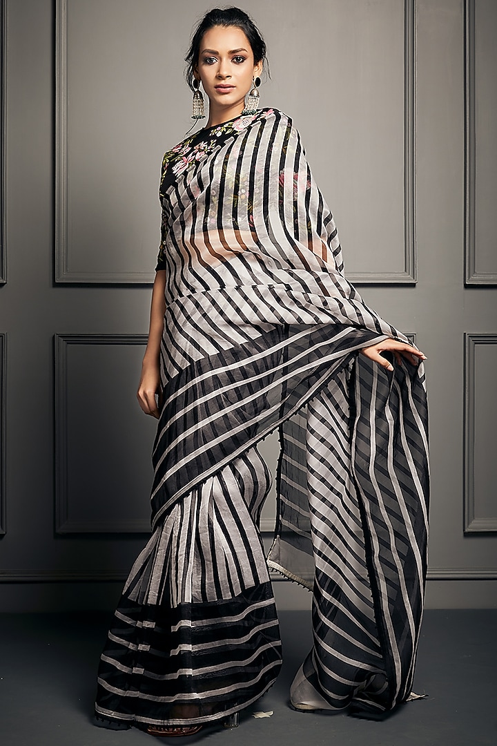 Black & White Organza Striped Saree Set by Stotram