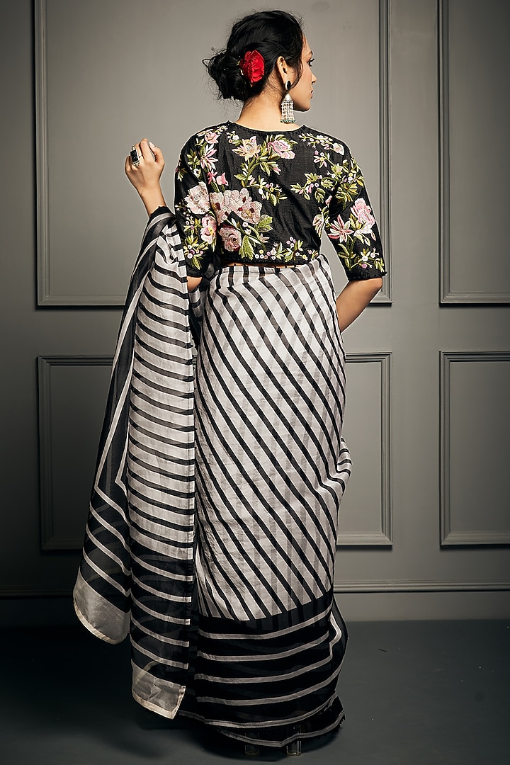 Black & White Organza Striped Wedding Saree Set by Stotram at Pernia's Pop Up Shop