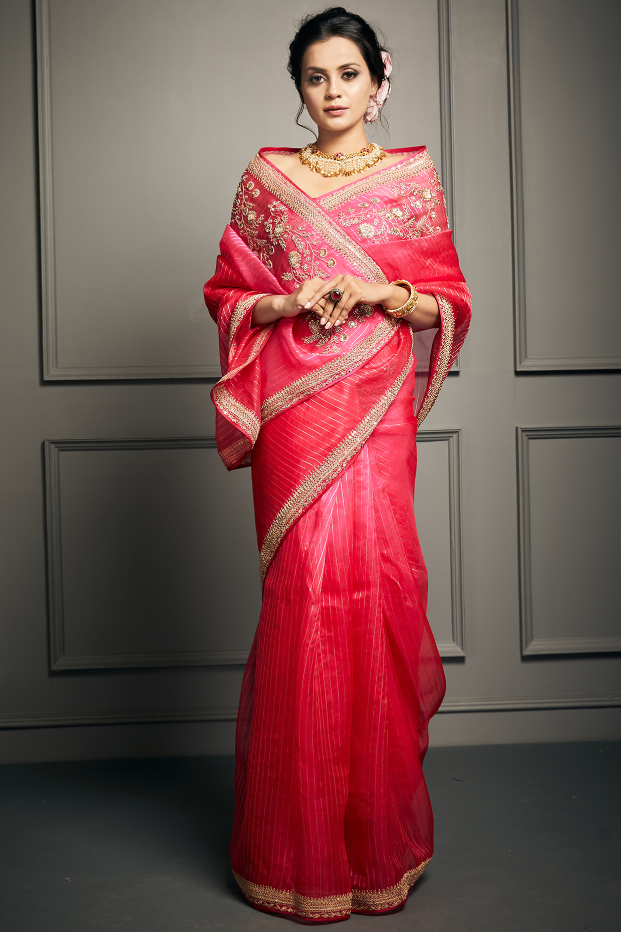 Fuchsia Pink Zardosi Embroidered Wedding Saree Set by Stotram at Pernia's Pop Up Shop