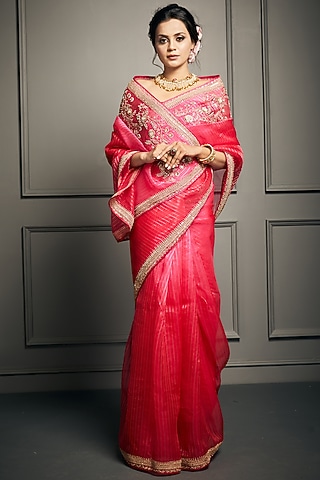 Fuchsia Pink Zardosi Embroidered Saree Set by Stotram