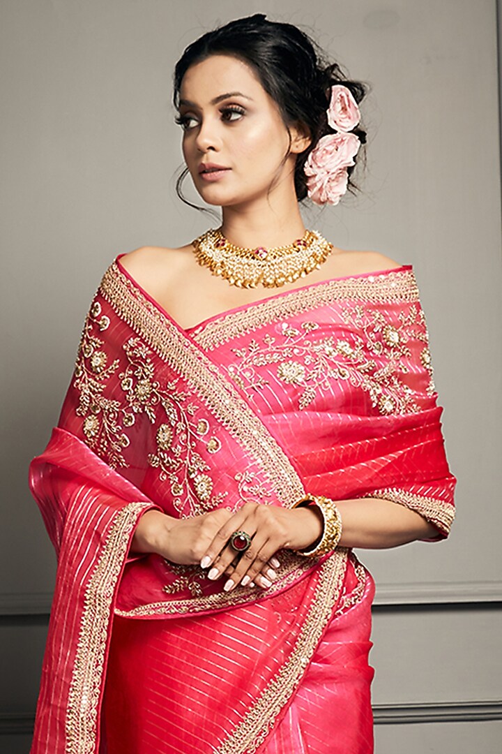 Fuchsia Pink Zardosi Embroidered Wedding Saree Set by Stotram at Pernia's Pop Up Shop