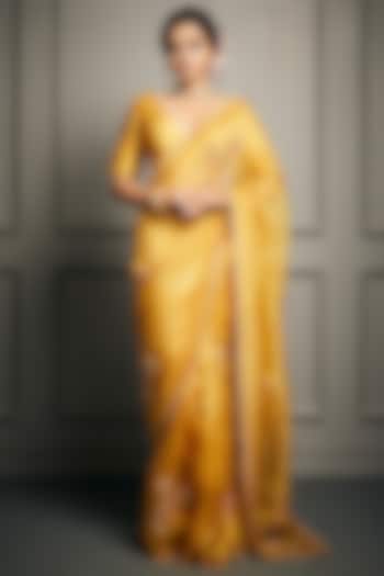 Mustard Yellow Embroidered Saree Set by Stotram