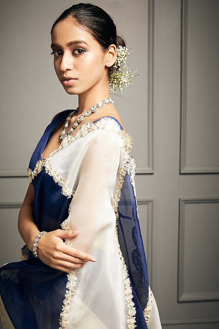 Blue & White Embroidered Wedding Saree Set by Stotram at Pernia's Pop Up Shop