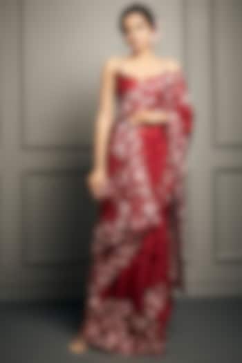 Pomegranate Pink Hand Embroidered Wedding Saree Set by Stotram at Pernia's Pop Up Shop