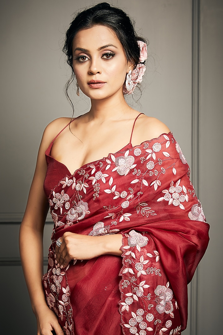 Pomegranate Pink Hand Embroidered Wedding Saree Set by Stotram at Pernia's Pop Up Shop