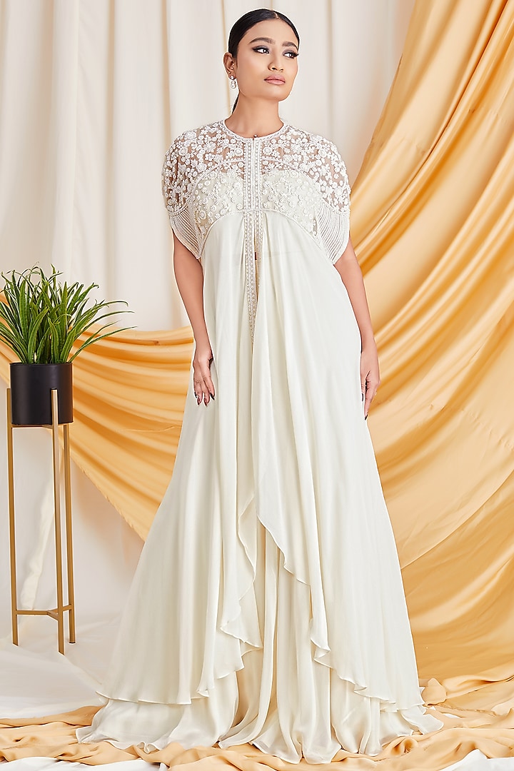 Ivory Sequins Embroidered Cape Set by Stotram