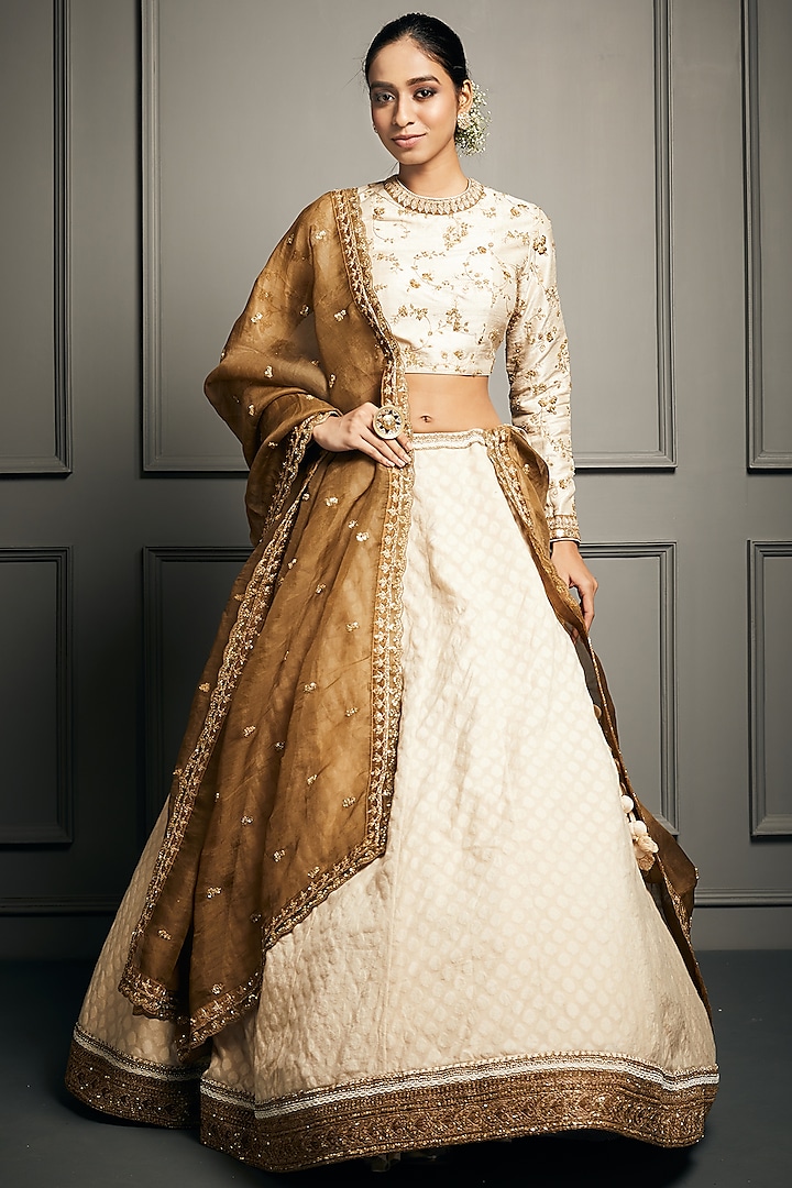 Cream Moti Embroidered Wedding Lehenga Set by Stotram at Pernia's Pop Up Shop