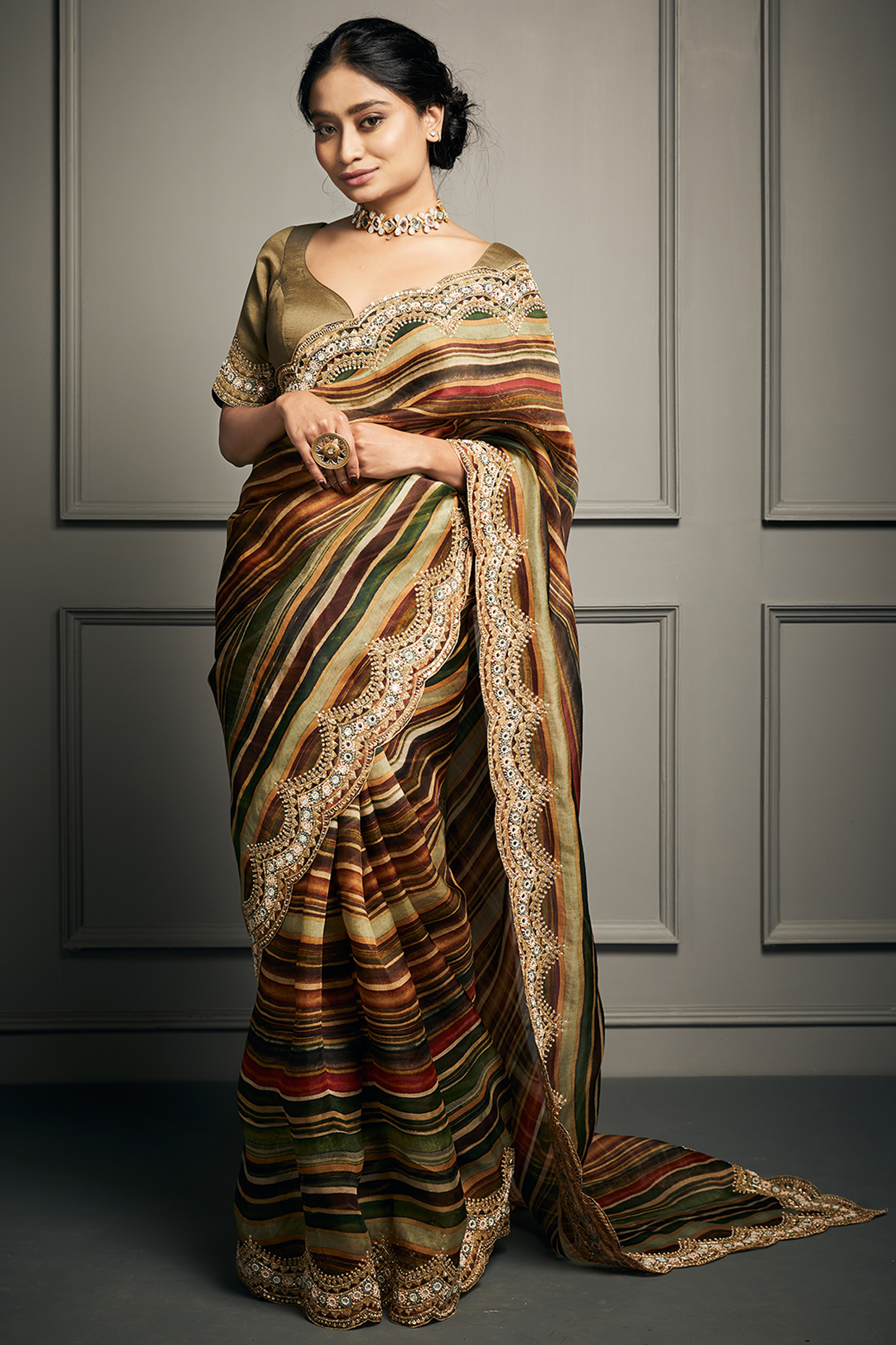 Multi Colored Organza Saree Set by Stotram