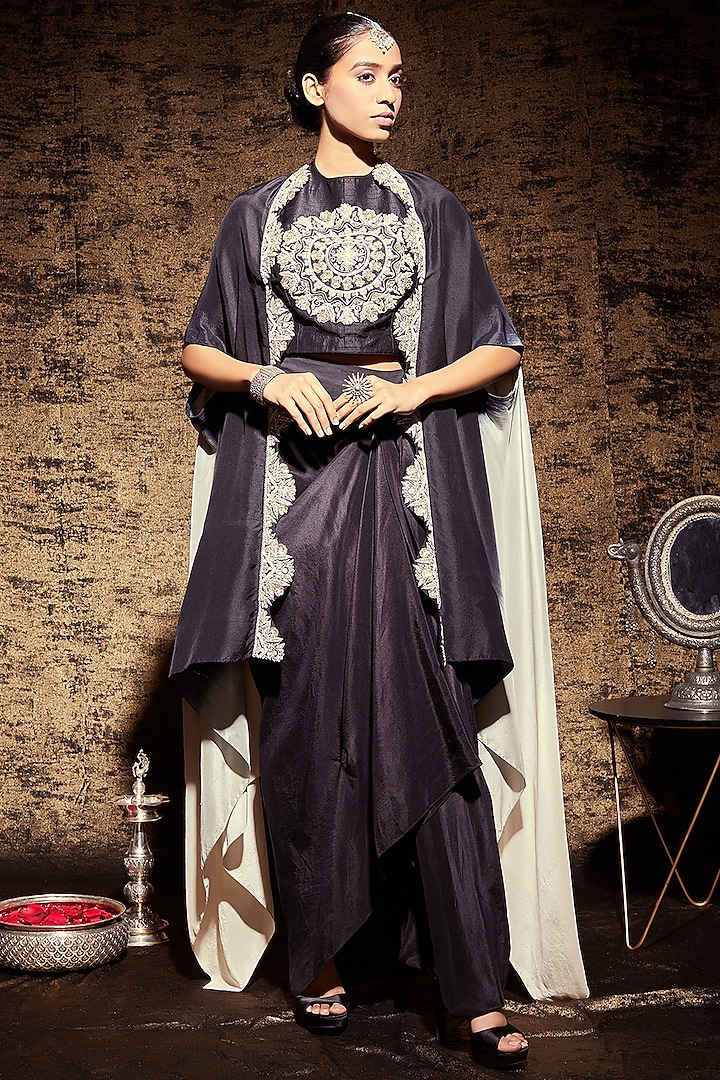 Black Ombre Embroidered Cape Set by Stotram