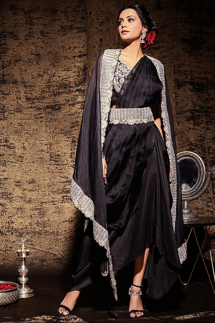 Black Moti Embroidered Cape Set by Stotram at Pernia's Pop Up Shop