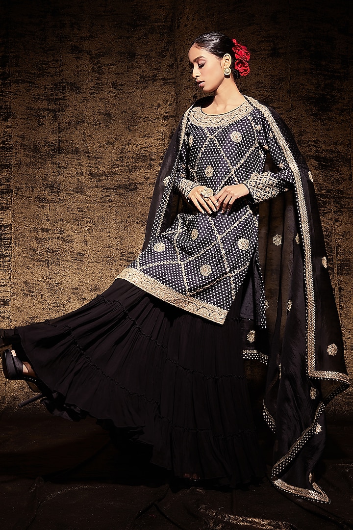 Black Hand Embroidered Sharara Set by Stotram