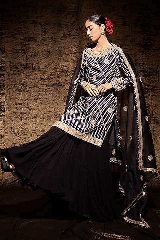 Black Hand Embroidered Sharara Set by Stotram