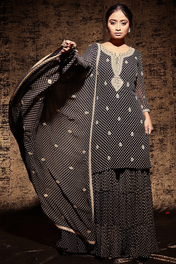 Black Sequins Embroidered Sharara Set by Stotram