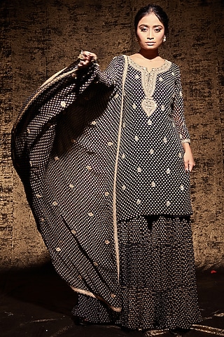 Black Sequins Embroidered Sharara Set by Stotram