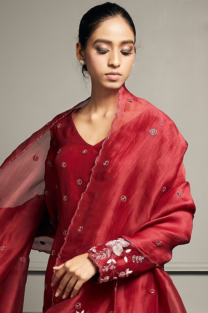 RFSS669 - Dark Pink Bandhej Kurta with Zardosi work. Comes with Contrast Orange Net Dupatta