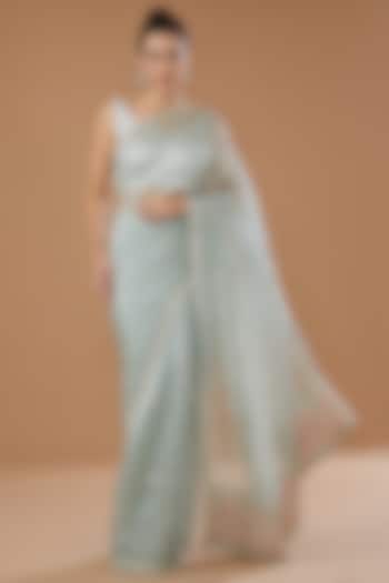 Ice Blue Pure Tissue Embellished Reception Saree Set by Stotram at Pernia's Pop Up Shop