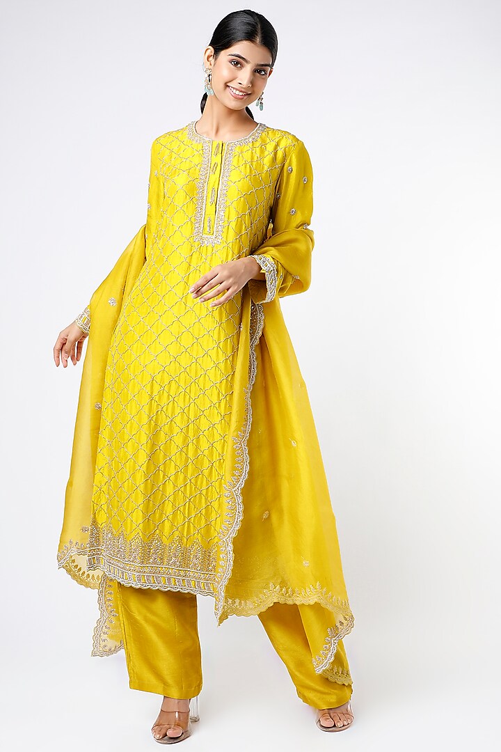 Lime Embroidered Kurta Set by Stotram
