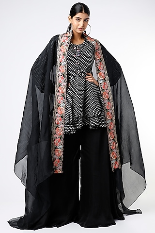 Black Peplum Bandhani Kurta Set by Stotram