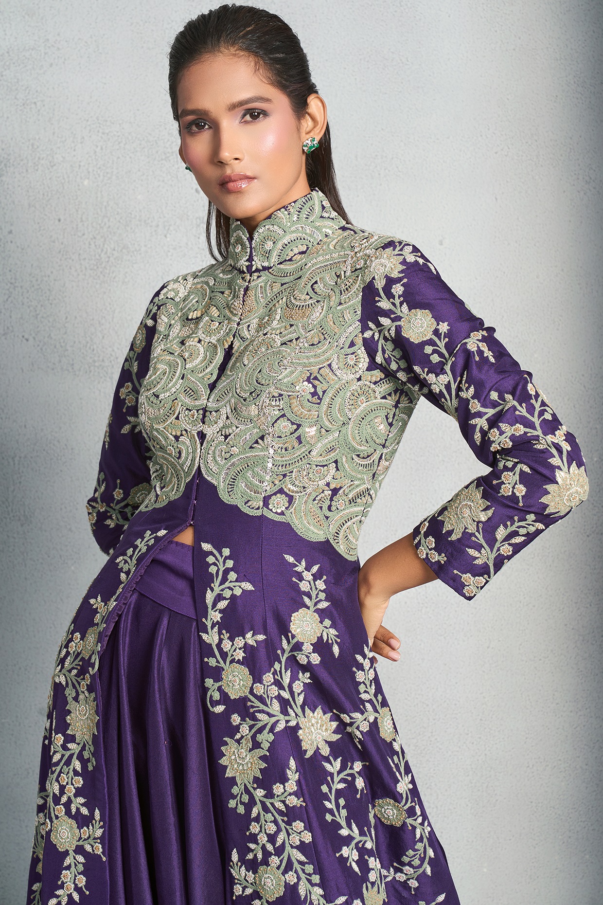 Purple Embroidered Jacket Set Design by Stotram at Pernia's Pop Up