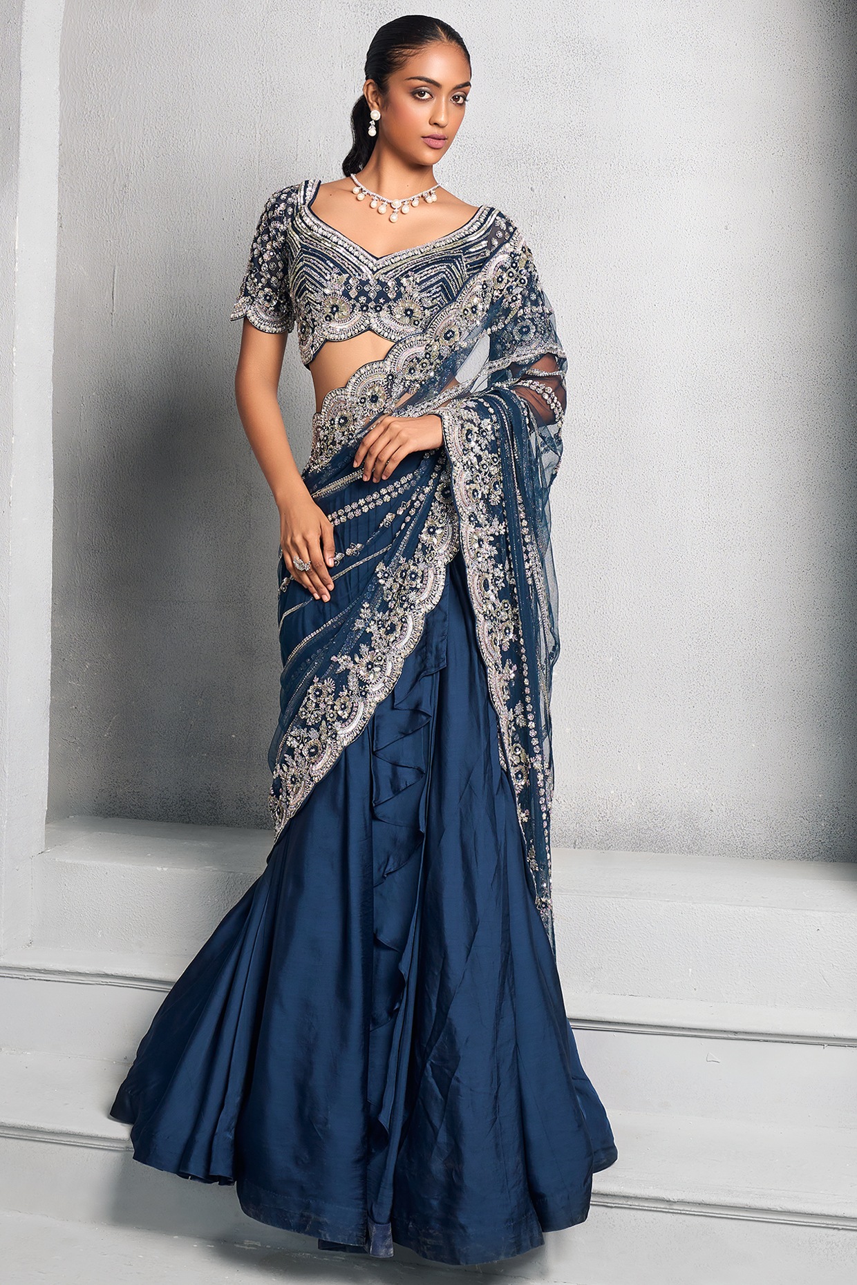 Navy Blue Embroidered Lehenga Saree Set Design by Stotram at Pernia's Pop  Up Shop 2024