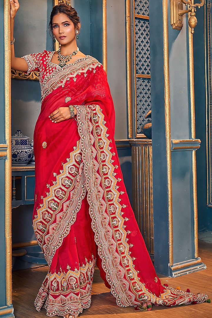 Fuchsia Pink Embroidered Bridal Saree Set by Stotram at Pernia's Pop Up Shop