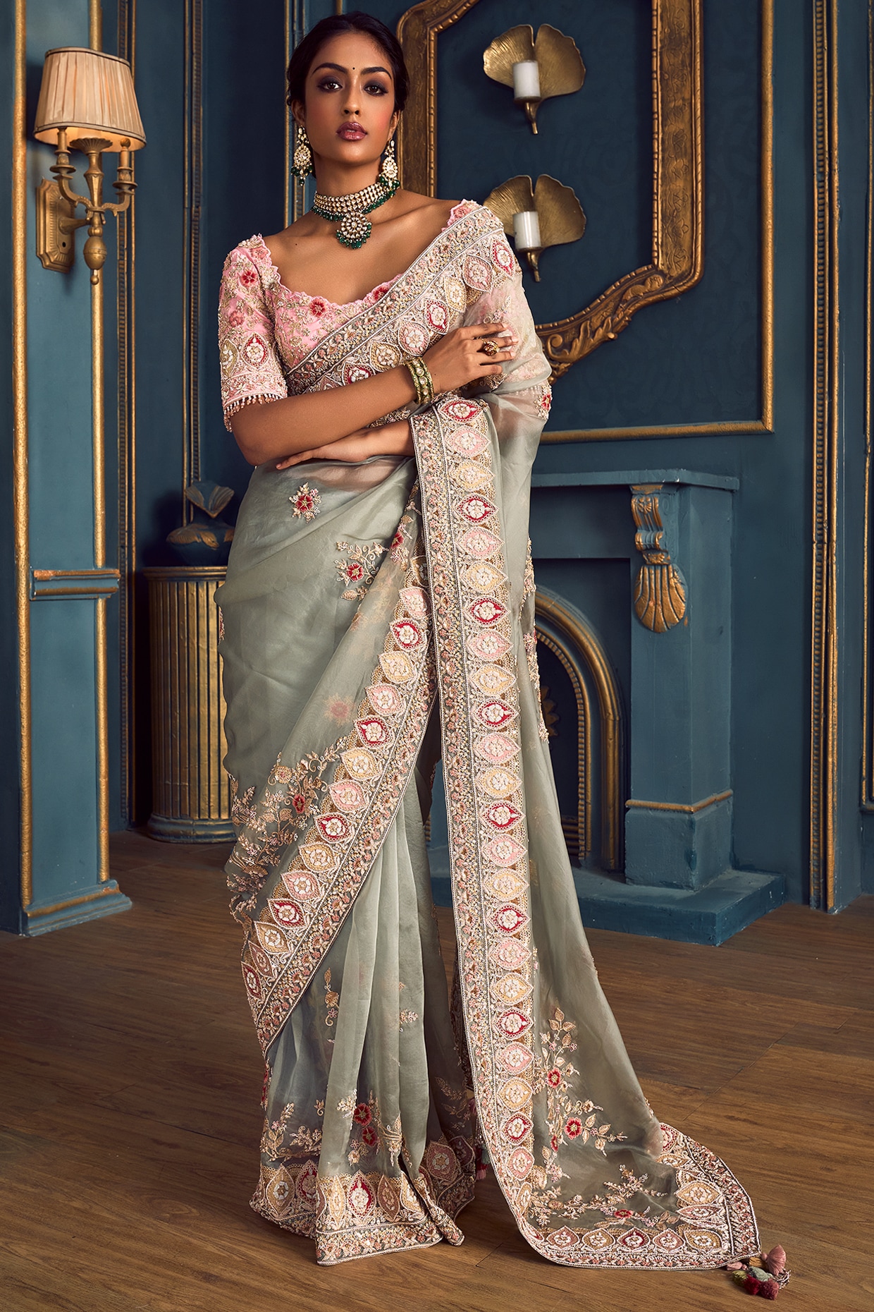 Buy Powder Blue Dola Silk Saree with Lucknowi Blouse Online