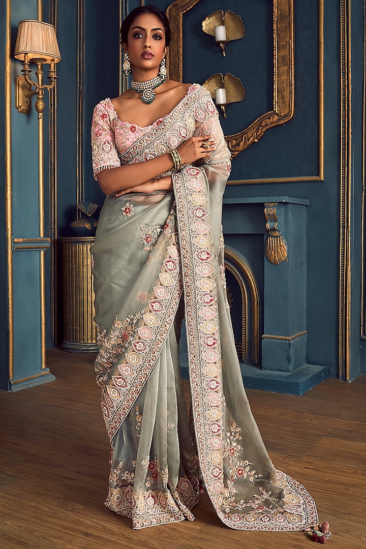 Ice Blue Embroidered Saree Set by Stotram